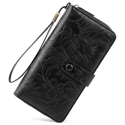 SENDEFN Women's Credit Card Holder RFID Blocking Zip Around Leather Wallet Large Capacity Long Purse with Wristlet - color: Black