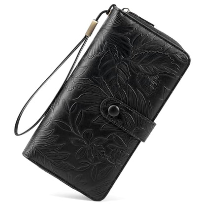 SENDEFN Women's Credit Card Holder RFID Blocking Zip Around Leather Wallet Large Capacity Long Purse with Wristlet - color: Black