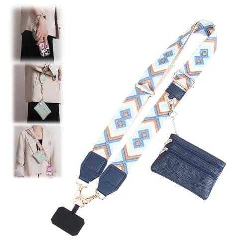 Phone Strap with Zippered Pouch, Clip and Go Strap for Phone with Wallet Crossbody, Adjustable Crossbody Phone Strap-3 - color: Bohemian Blue