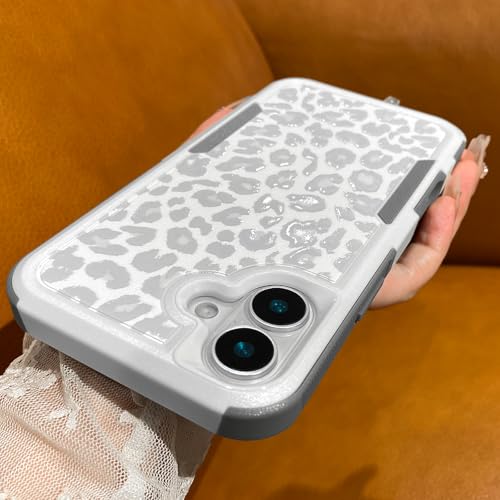 Cute Case for iPhone 17, White Leopard Light Gray Cheetah | Heavy Duty Tough Rugged Full body Protection Shockproof Protective Phone Case for Women Girls - color: iPhone 17
