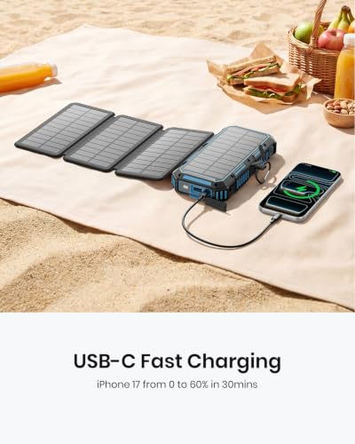FEELLE Solar Power Bank 50000mAh Magnetic Solar Charger with Hand Crank - color: Blue+Black