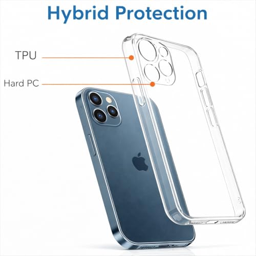 Clear Case for iPhone 12 Pro 6.1 Inch, Transparent Phone Cover, Anti-Yellowing, Shockproof & Scratch-Resistant Slim TPU + PC Protective Case