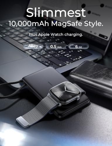 LISEN 0.5'' Ultra Slim MagSafe Power Bank for iPhone and Apple Watch,10000mAh MagSafe Battery Pack,Alloy Magnetic Portable Charger for iPhone 16 Pro Max Plus/15, Apple Watch S11 /S10 S9 SE，Black - color: Dark Black