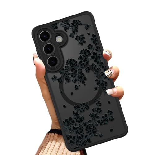 OOK Phone Case Fit for Samsung Galaxy S26 6.3 Inch, Black Flowers Floral | Wireless Charging Compatible, Magnetic, Translucent Phone Cover, Soft TPU + Hard PC, Anti-Scratch, Shockproof, for Women - color: Black Floral, size: for Samsung Galaxy S26