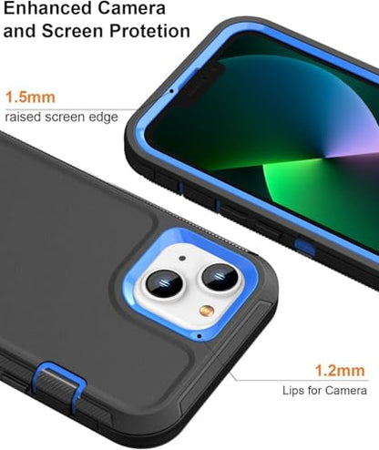 iPhone 13& iPhone 14 Heavy-Duty Case, Military-Grade Shockproof Protection, Includes 2 Tempered Glass Screen Protectors - Black Blue - color: Black Blue
