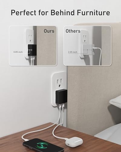 Nekmit Flat USB C Wall Charger, 45W Dual Port PPS Fast USB Charger Block(1*USB-C & 1*USB-A), Slim USB C Wall Plug for iPhone 17/16 and More Series, MacBook Air, iPad - color: Black