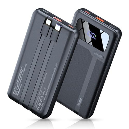 Antteez Portable Charger 10,000mAh, Power Bank Fast Charging with Built-in Cables, 22.5W USB C Travel Battery Pack, LED Display & 4 Outputs, Compatible with iPhone, Samsung, iPad - color: Dark