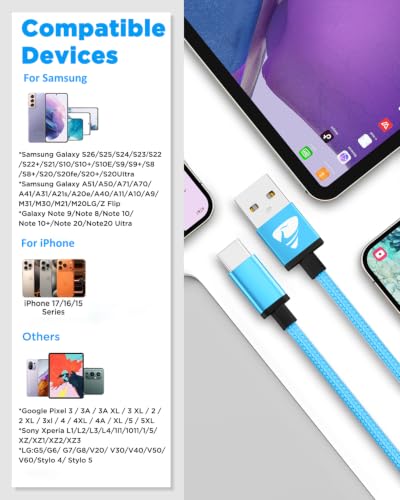 Aioneus USB A to USB C Cable 10 FT 2Pack 3A Fast Charging USBC Cord Braided - color: Blue