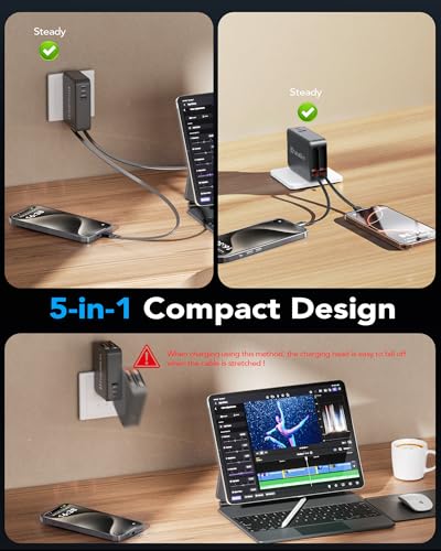 65W for MacBook Pro Charger,5-in-1 Retractable Wall Charger Plug for iPhone - color: Black