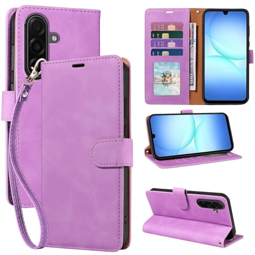 Wallet Case for Samsung Galaxy A17, RFID Blocking (Purple) | 4 card slots with ID window, cash pocket, wrist strap, stand function, magnetic closure, flip PU leather, TPU inner shell - color: Purple