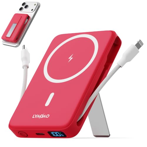 Magnetic Portable Charger 10000mAh, 22.5W Power Bank with Built in Cable - color: red
