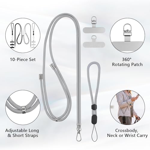 BESARME 2-Pack Phone Lanyard And Wrist Strap Set With 6 Tether Tabs - color: Black Grey