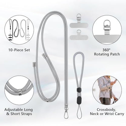 BESARME 2-Pack Phone Lanyard And Wrist Strap Set With 6 Tether Tabs - color: Black Grey