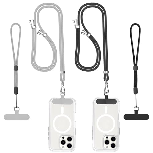 Phone Lanyard Crossbody, 2 Pack Adjustable Double Buckle Nylon Neck Cell Phone Lanyards, 2x Wrist Phone Straps and 2 Pack Phone Tether Pads Compatible with iPhone & Most Mobile Phones - color: Black+gray