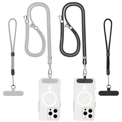 Phone Lanyard Crossbody, 2 Pack Adjustable Double Buckle Nylon Neck Cell Phone Lanyards, 2x Wrist Phone Straps and 2 Pack Phone Tether Pads Compatible with iPhone & Most Mobile Phones - color: Black+gray