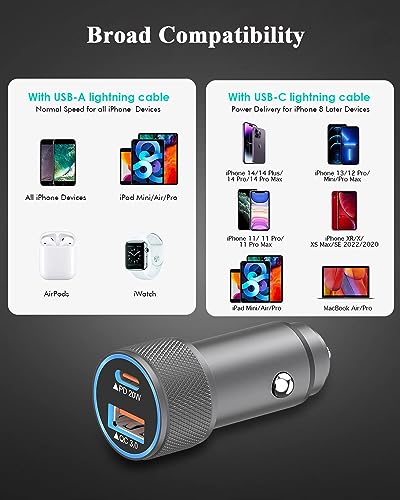 iPhone Car Charger,【2Pack】38W Dual Port USB C+QC3.0 [Apple MFi Certified] Fast Charging Cigarette Lighter iPhone Charger Car Adapter with【2 Pack】Lightning Cable for iPhone 14 13 Pro Max 12 11 X - Grey - color: Grey