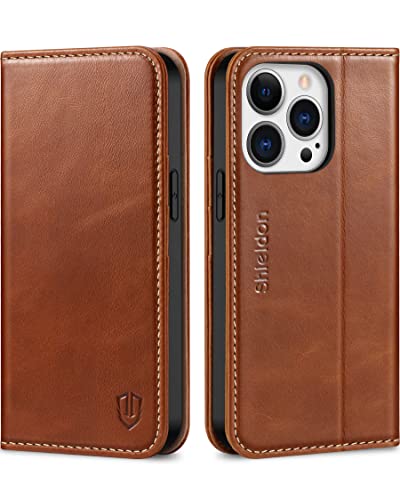SHIELDON Genuine Leather Wallet Case for iPhone 13 Pro 2021, Retro Brown | RFID Blocking, Credit Card Holder, Magnetic Closure, Kickstand, Folio Design, Shockproof Phone Cover - color: Brown - Retro