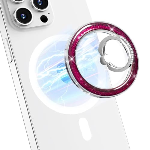 Transparent Shiny Magnetic Phone Ring Holder,360° Rotatable Removable Phone Grip,Clear Rose Pink Sparkle Diamond Stylish Design Compatible with All Phones & Tablets - color: Clear Rose Pink