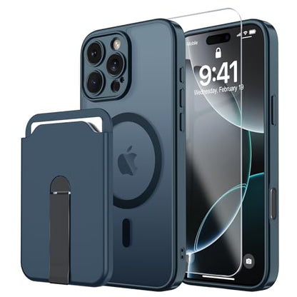 Magnetic for iPhone 16 Pro Case with Screen Protector+Removable Wallet | Compatible with MagSafe,Slim Translucent Matte Phone Cover with Magnet Credit Card Holder,Deep Blue - color: z Deep Blue
