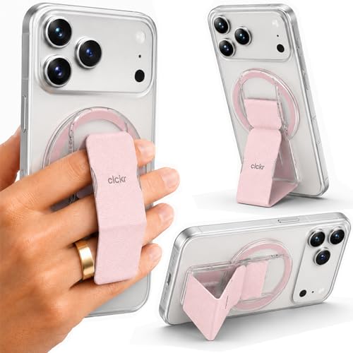 CLCKR Finger Phone Grip for MagSafe Stand, Phone Grip Loop Holder with Kickstand, Magnetic Phone Grip Holder, for iPhone 16/15/14/13/12 Pro Max Plus Series, Clear Pink - color: Pink