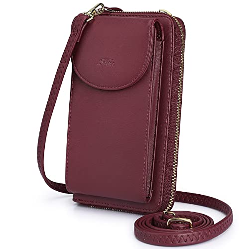 S-ZONE Small Crossbody Bags for Women Phone Purse RFID Blocking Wallet | Card Slots, Vegan Leather, Anti-theft, Multi Pockets, Detachable Adjustable Strap, Travel Eveyday Outing - color: Dark Red