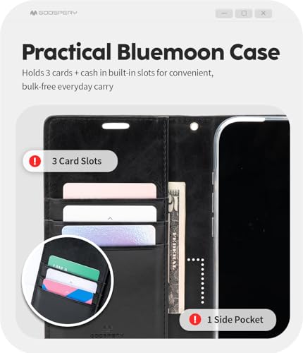 GOOSPERY Bluemoon Folio Wallet Case for iPhone 17, Flip Cover with Card Holder, Kickstand, Magnetic Closure, Shockproof TPU + PU Leather - Black - color: Black, size: iPhone 17