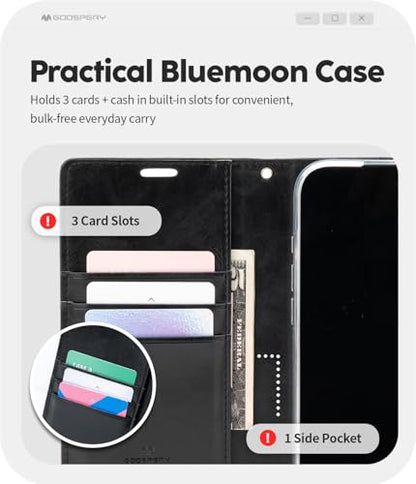 GOOSPERY Bluemoon Folio Wallet Case for iPhone 17, Flip Cover with Card Holder, Kickstand, Magnetic Closure, Shockproof TPU + PU Leather - Black - color: Black, size: iPhone 17