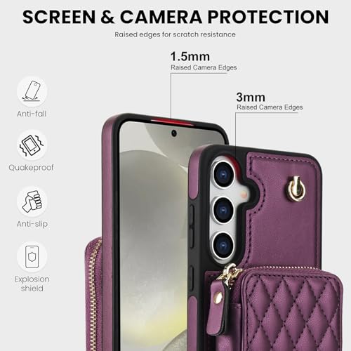 Phone Case for Samsung Galaxy S25 5G Wallet Cell Cover with Tempered Glass Screen Protector Wrist Crossbody Strap RFID Blocking Credit Card Holder Slot S 25 25S 25 25S SM-S931U Women Girls Dark Purple - color: Dark Purple