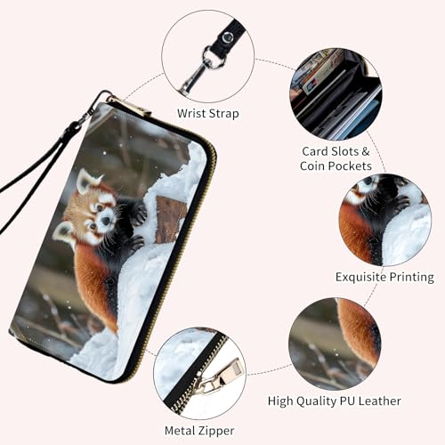 Ladies Wallet,Clutch Purses for Women Wallets Leather Credit Card Holder for Women Wristlet Slim Small Cute with Zipper,Thin RFID Blocking with Wrist Strap,Cute Raccoon Snow - color: Cute Raccoon Snow