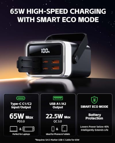 65W Power Bank 40000mAh Laptop Portable Charger Battery Pack - Black - color: Midnight Black
