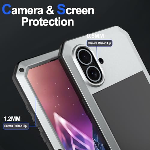 for iPhone 16 Metal Case 6.1",Heavy Duty Shockproof Aluminum Alloy [Tough Armour] Military Grade Phone Case,360 Full Body Protective Cover with Silicone Built-in Screen Protector (Silver) - color: Silver