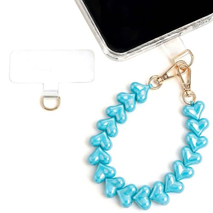 Heart Beaded Phone Wristlet | Phone Wrist Strap With Tether Tab | Cute Accessory for Phone, AirPods, Bag, Keys, Camera - color: Seafoam Blue
