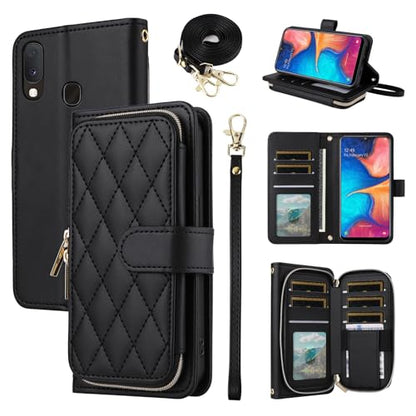 Argyle Wallet Case for Samsung Galaxy A20 A30 with Wrist Strap Shoulder Strap, 9+ Card Slots Zipper Purse Luxury PU Leather Stand Checkered Phone Cover for M10s A 30 20A SM A205G Black | Girls, Wrist/Shoulder Strap, Card Slots, Purse, Luxury PU Leather, S