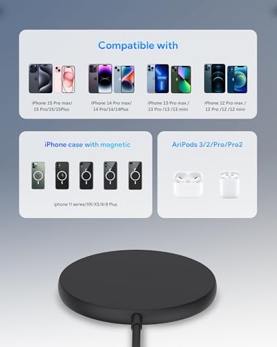 Magnetic Wireless Charger for iPhone, Fast Charging pad for MagSafe Compatible with iPhone 17/16/15 Pro/Pro Max/Plus/14/13 & AirPods 3/2/Pro - color: Black-05