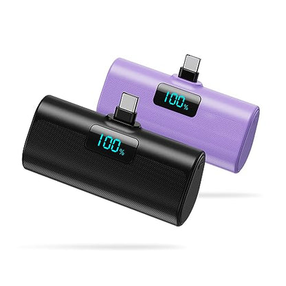 [2-Pack]Portable Charger for iPhone 17/16/15 Series,5200mAh PD USB C Power Bank Built-in USB-C Connector, Battery Pack Compatible with iPhone 17/17 Pro Max/16/15 Series,Galaxy,Android(Black+Purple) - color: Black+Purple