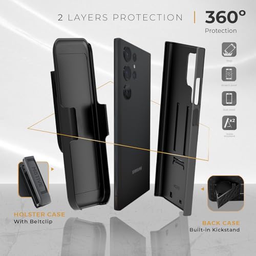 MOTIVE for Samsung Galaxy s23 Ultra Case with Belt Clip, Kickstand | 6.8" | Ranger v1 Series, Black, 360° holster, open-top/bottom port access, grip, slim - size: S23 Ultra