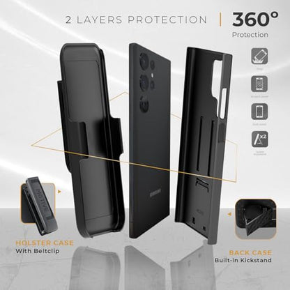 MOTIVE for Samsung Galaxy s23 Ultra Case with Belt Clip, Kickstand | 6.8" | Ranger v1 Series, Black, 360° holster, open-top/bottom port access, grip, slim - size: S23 Ultra