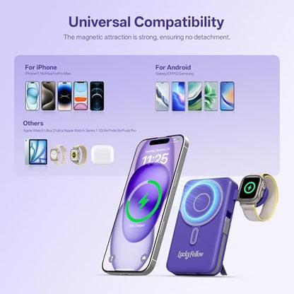 Magnetic Portable Charger Built-in Cables,10000mAh Fast Charging Wireless Charger Station External Battery Pack Slim Pocket Size Power Bank with Stand Compatible with iWatch, iPhone - color: Blue