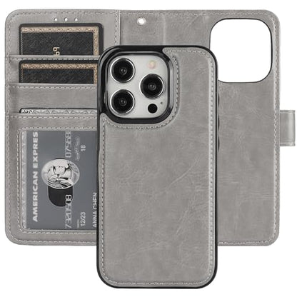 Bocasal Detachable Wallet Case Card Holder for iPhone 15 Pro, Grey | RFID Blocking Kickstand Card Slots Holder PU Leather Magnetic Shockproof Wrist Strap Removable Flip Protective Cover 6.1 inch - color: Gray