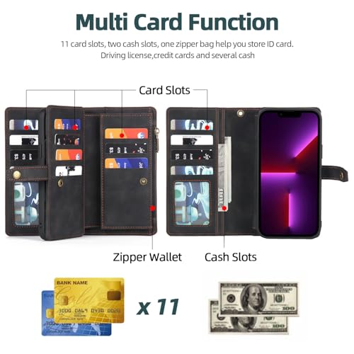 TwoHead for iPhone 11 Wallet case with 11 Card Holder (Black) | Detachable Magnetic Phone Case, PU Leather Wallet for Women/Men,Wireless Charging Compatible,with Wrist Strap - color: Black