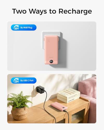 VEGER Portable Charger for iPhone, Power Bank Built in Cables and Wall Plug - color: F Dark Pink