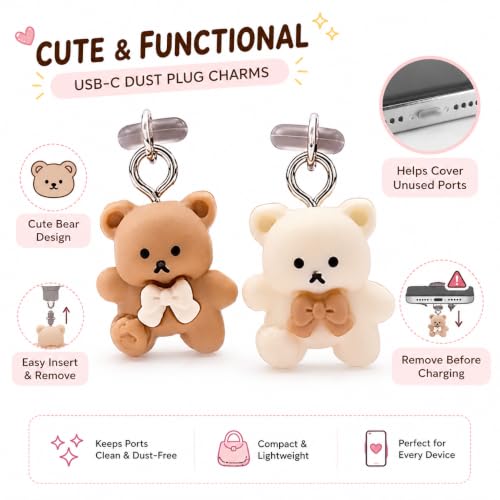 2Pcs USB C Dust Plug with Bear Pendant, Phone Charging Port Protector, Cute Cartoon Design