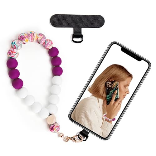 Silicone Beaded Phone Wrist Strap for Women, Elastic Wristlet - color: Plum