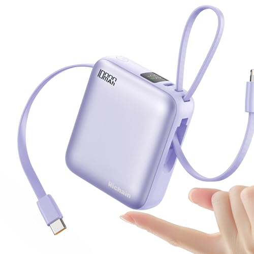 10000mAh Small Portable Charger with Built in Cables LED Display Purple - color: Purple
