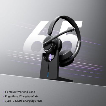 Wireless Headset with Mic for Work, Bluetooth Headset with Noise Canceling Mic & Charging Base, Wireless Headphones with Mic for Remote Workers/Call Center/PC/Laptop/Computer/Home/Office/Zoom/Teams