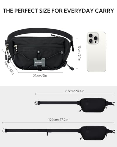 WATERFLY Small Fanny Pack RFID Blocking Travel Hiking Crossbody Waist Bag | Anti-theft design, Water resistant, Lockable zipper, Hidden rear pocket, Lightweight hip belt bag, EDC Running, Cycling, Gym - color: Black
