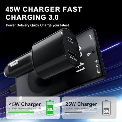 Super Fast Dual Car Charger (45W+15W) Dual Ports USB-C & USB-A White 6.6ft Cable for Samsung S25 S24 S23 S22- Black