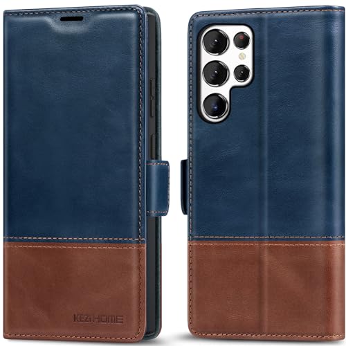 KEZiHOME Genuine Leather Wallet Case for Samsung Galaxy S24 Ultra | Royal Blue/Brown, RFID Blocking Card Slot, Kickstand, Magnetic Protective Phone Folio Cover, Compatible with Galaxy S24 Ultra - color: Royal Blue/Brown