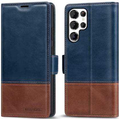 KEZiHOME Genuine Leather Wallet Case for Samsung Galaxy S24 Ultra | Royal Blue/Brown, RFID Blocking Card Slot, Kickstand, Magnetic Protective Phone Folio Cover, Compatible with Galaxy S24 Ultra - color: Royal Blue/Brown