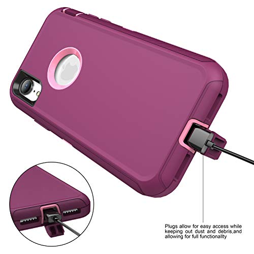 MXX Compatible with iPhone Xr Case, 3-Layer Super Protective Full Heavy Duty Body Tough Rugged Bumper Cover, Shock & Dust Proof, Designed for Apple Xr Phone Case 6.1" - color: Plum/Light Pink